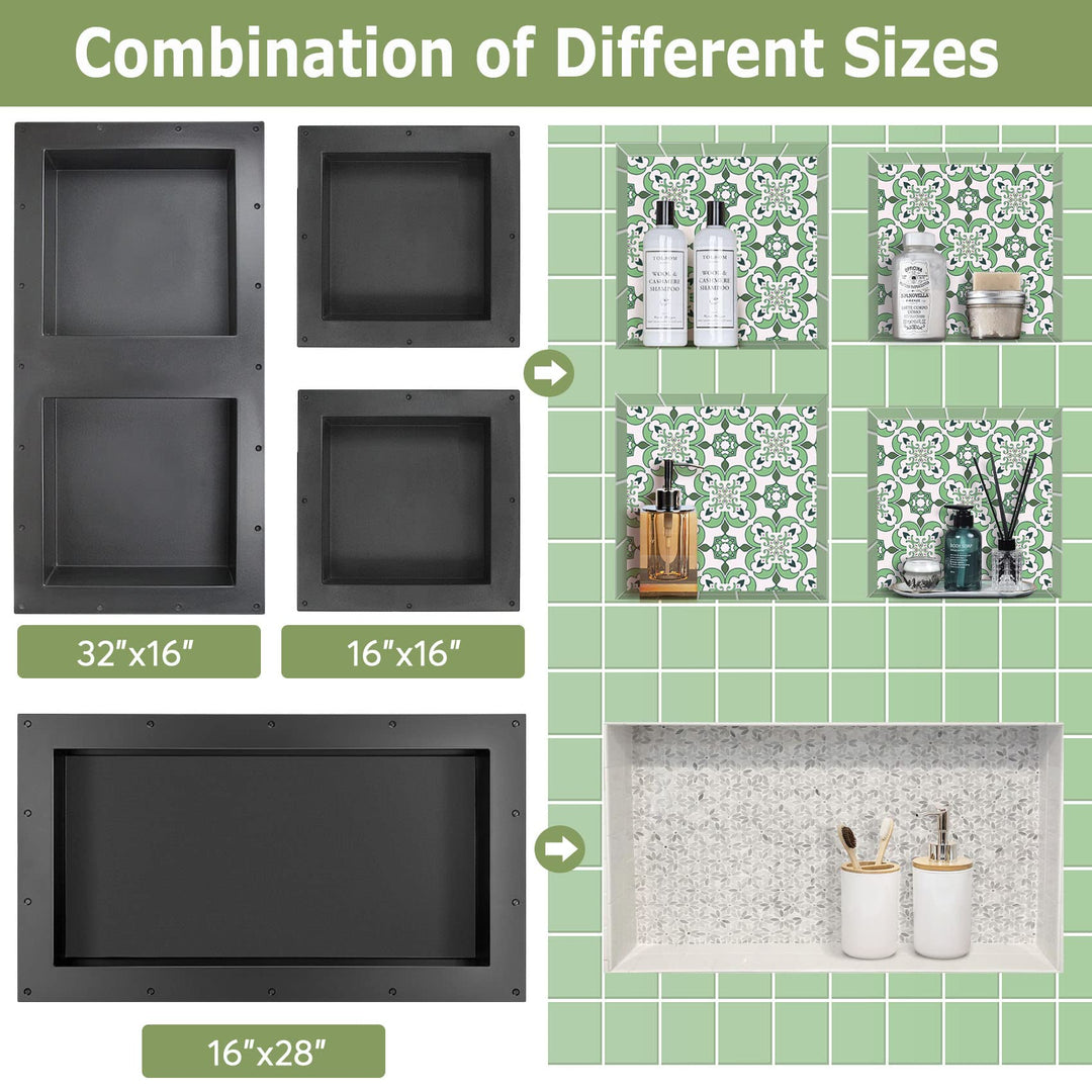 Shower Niche Ready for Tile 16 x 28, Single Shelf Niche Shower Tile Ready Niche for Shower Bathroom Storage Niche Tile Recessed Shower Shelf, Black