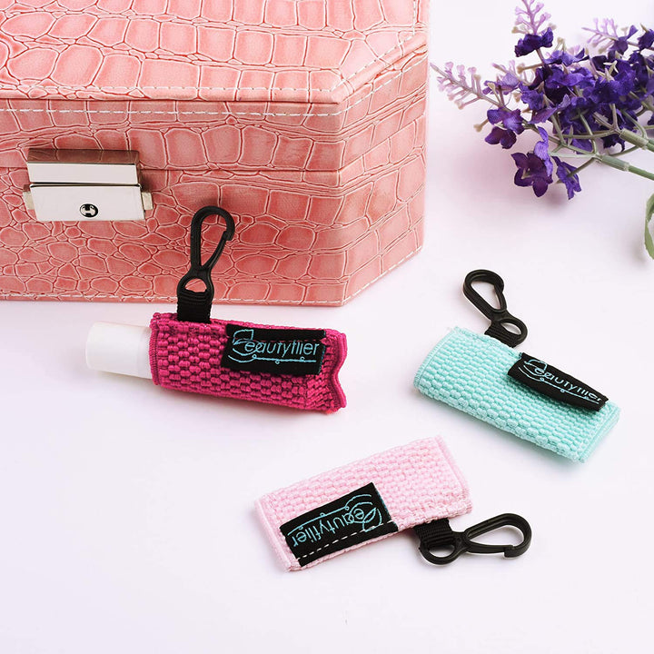 Clip-on Sleeve Chapstick Pouch Keychain Lipstick Holder Elastic Lip Balm Holster Travel Accessories (Black/Hot Pink/Purple/Robin Egg Blue/Pink)
