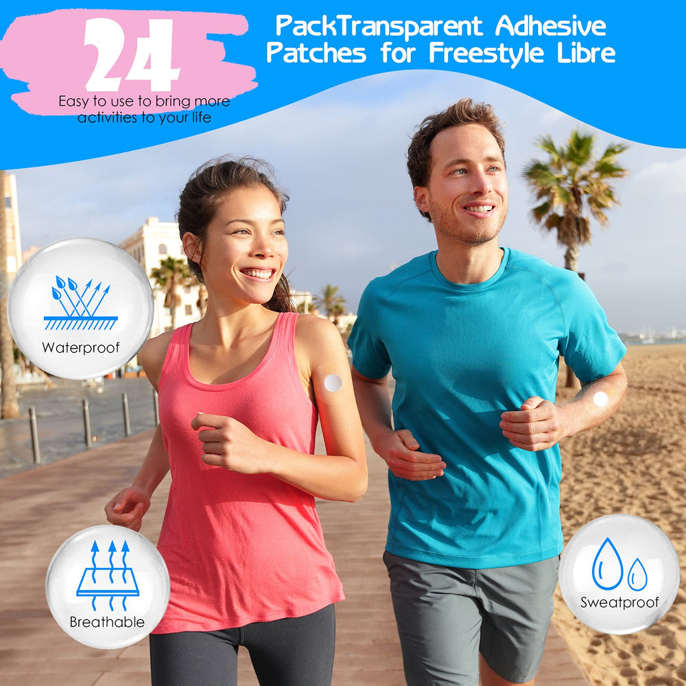 Shower Waterproof Patch Freestyle Transparent Adhesive Patches Waterproof Sensor Covers Precut Clear Protection Stickers Clear CGM Overpatch Tape Without Hole, Blue and Pink (24 Packs)