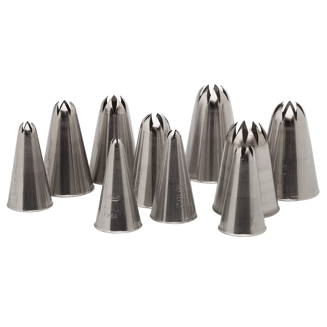 850 - 10 Piece Closed Star Tube Set, Stainless Steel Pastry Tips, Sizes 0 - 9