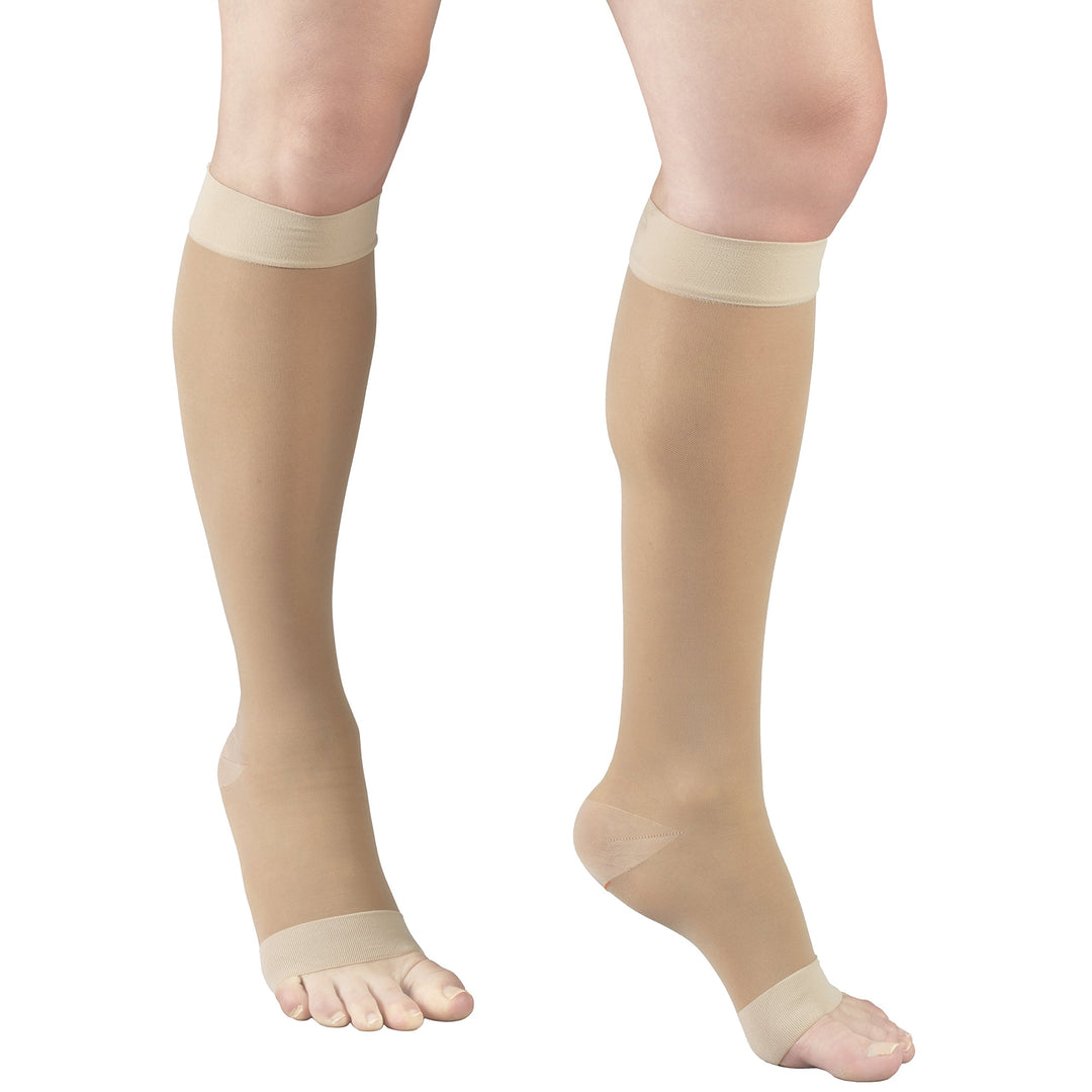 Sheer Compression Stockings, 15-20 mmHg, Women's Knee High Length, Open Toe, 20 Denier, Nude, Small