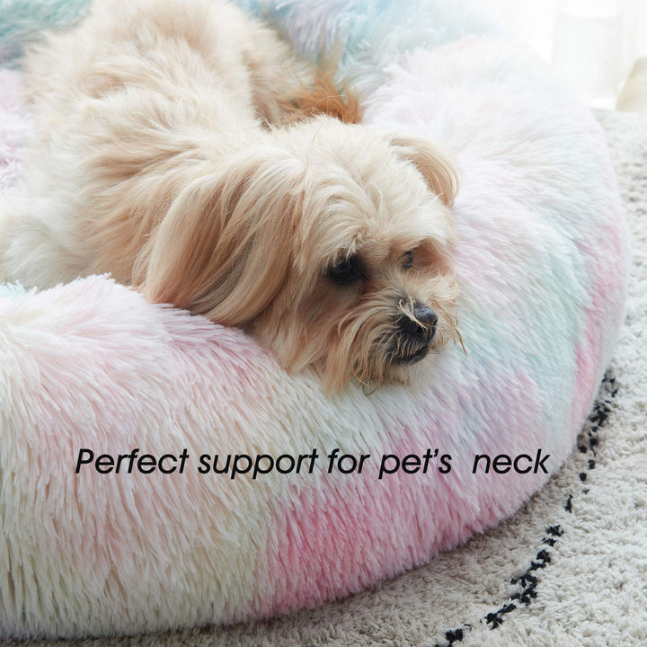 Calming Dog & Cat Bed, Anti-Anxiety Donut Cuddler Warming Cozy Soft Round Bed, Fluffy Faux Fur Plush Cushion Bed for Small Medium Dogs and Cats (20/24/27/30)