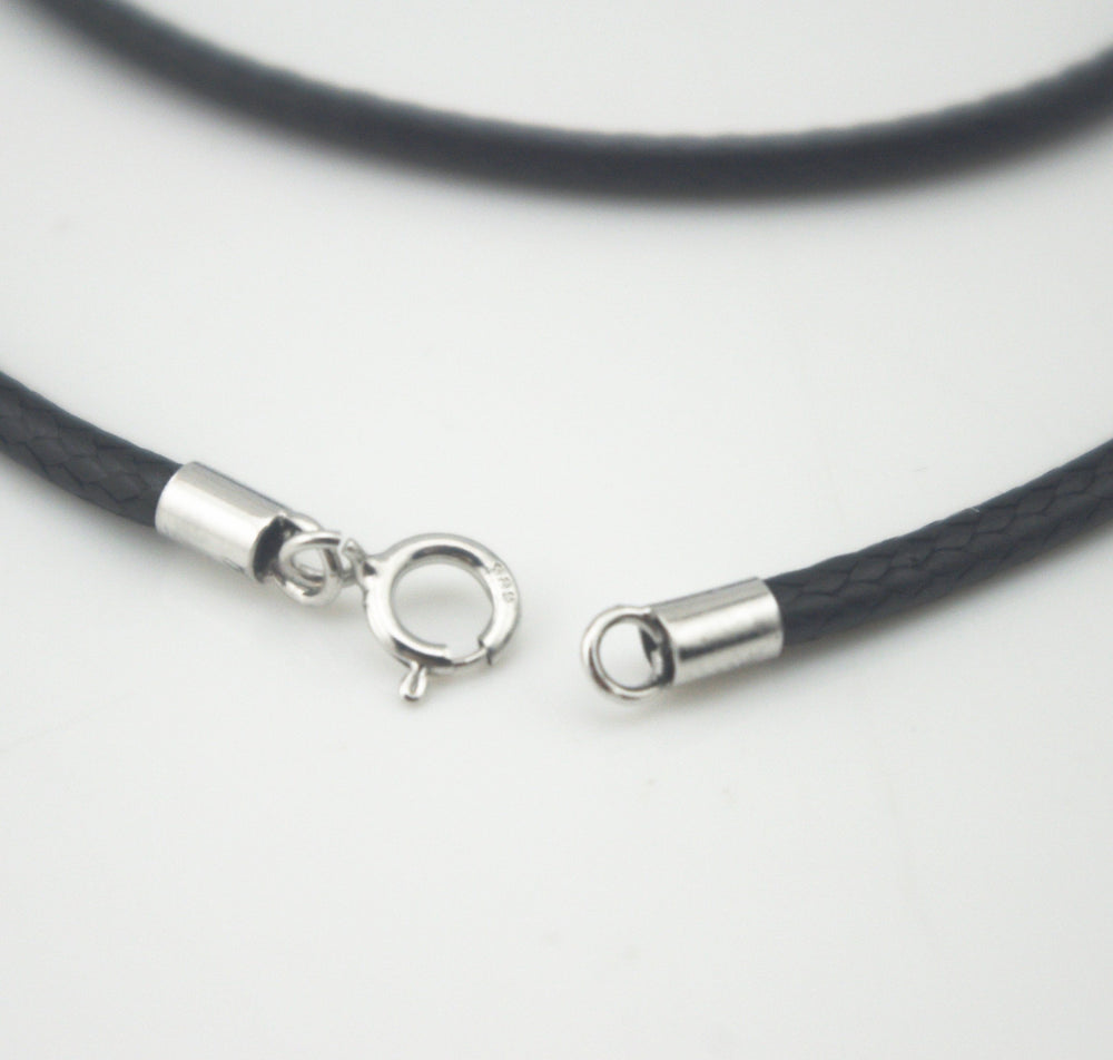 Black Silk Braided Rope Chain 925 Silver Plated Clasp Leather Cord Chain Necklace Rope (2.0 mm, 24 Inches)