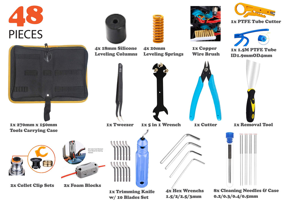 48 Piece 3D Print All You Need Tool Kit for DIY, Maintenance and Cleaning 3D Printer w/Carrying Case