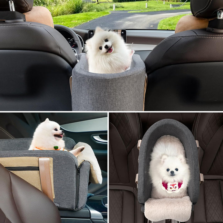 Portable Console - Dog Cat Booster Seat on Car Armrest, Washable Safety Tethers