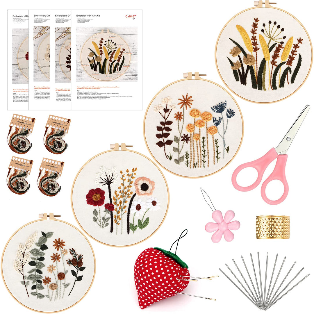 4 Set Embroidery Kit for Beginners, Embroidery Starter Kit with Pattern and Instruction, Cross Stitch Kits Include Embroidery Hoop and Complete Embroidery Tools, Needlepoint Kit for Adults (C)