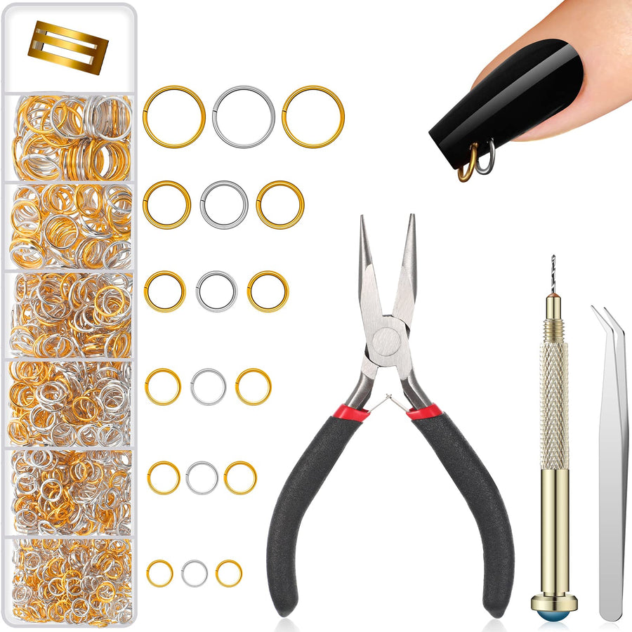 1014 Pieces Nail Dangle Charm Piercing Tool Hand Drill, Nail Charms 6 Sizes Jump Ring Connector with Jump Ring Open Close Tool Pliers and Tweezers for Jewelry Making(Silver)