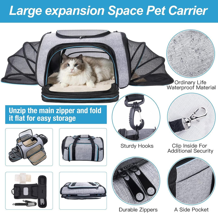 4 Way Expandable Pet Carrier, Airline Approved Collapsible Cat Soft-Sided Carriers W/Removable Fleece Pad for Cats, Puppy, Small Dogs (18x 11x 11)