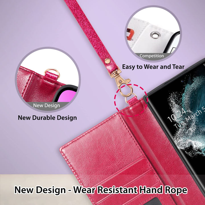 Wallet Case Compatible Galaxy S22 Ultra Flip Folio Cover with Card Slots Kisckstand Wrist Strap Girls Women Glitter PU Leather Compatible with Samsung Galaxy S22 Ultra Glitter Rose Red