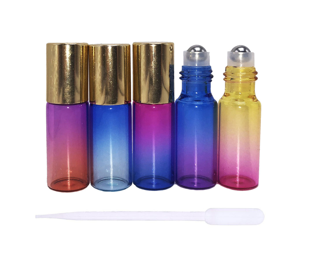 12 Pcs 5 ml Gradient Color Glass Roller Bottles Roll-on Bottles Vial Container with Stainless Steel Roller Balls and Gold Cap for Essential Oil Perfumes Liquid Aromatherapy+1pc 3 ml Droppers Included