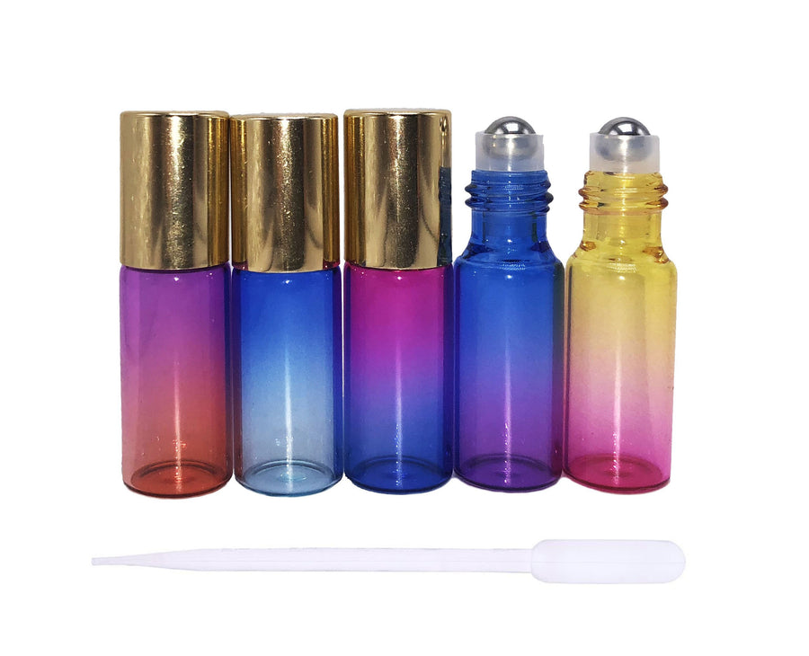 12 Pcs 5 ml Gradient Color Glass Roller Bottles Roll-on Bottles Vial Container with Stainless Steel Roller Balls and Gold Cap for Essential Oil Perfumes Liquid Aromatherapy+1pc 3 ml Droppers Included