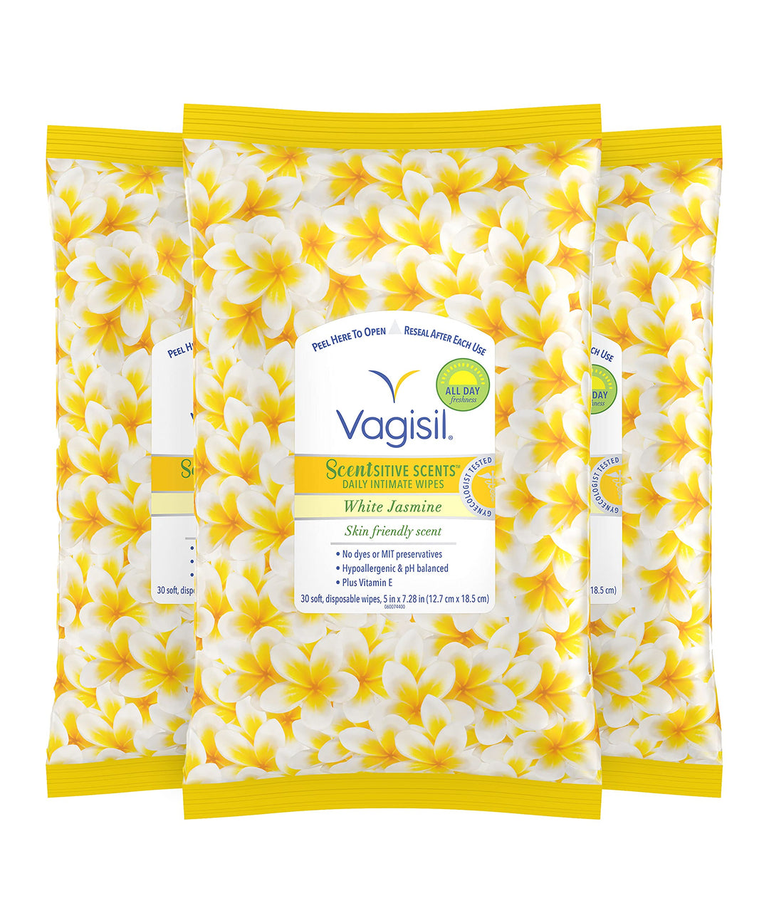 Vagisil Scentsitive Scents Daily Intimate Feminine Wipes for Women, Gynecologist Tested, White Jasmine, 30 Wipes in Resealable Pouch (Pack of 1)