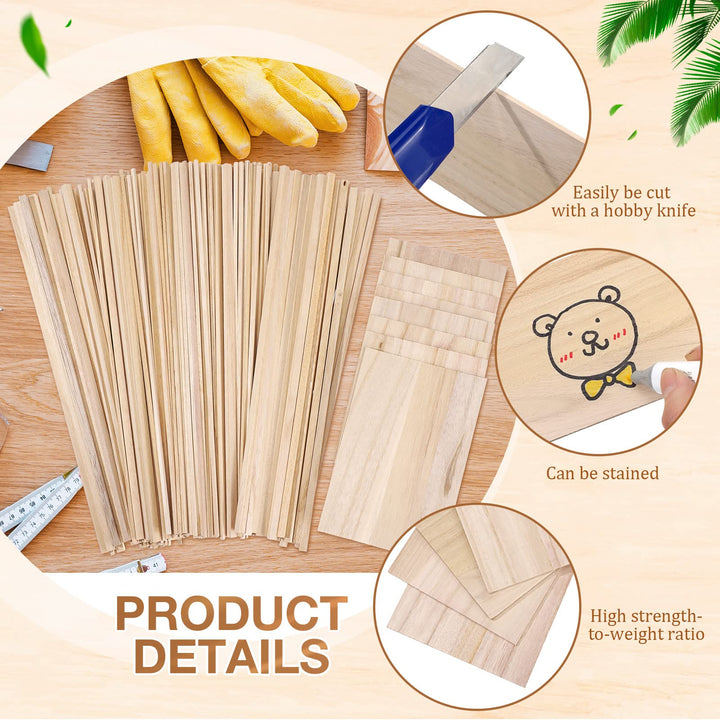 240 Pieces Balsa Wood Sticks Hardwood Square Wooden Craft Dowel Rods Unfinished Balsa Wood Sheets 12 Inch Thin Wooden Strips 1/4 Inch 1/8 Inch for DIY Molding Crafts Projects Making