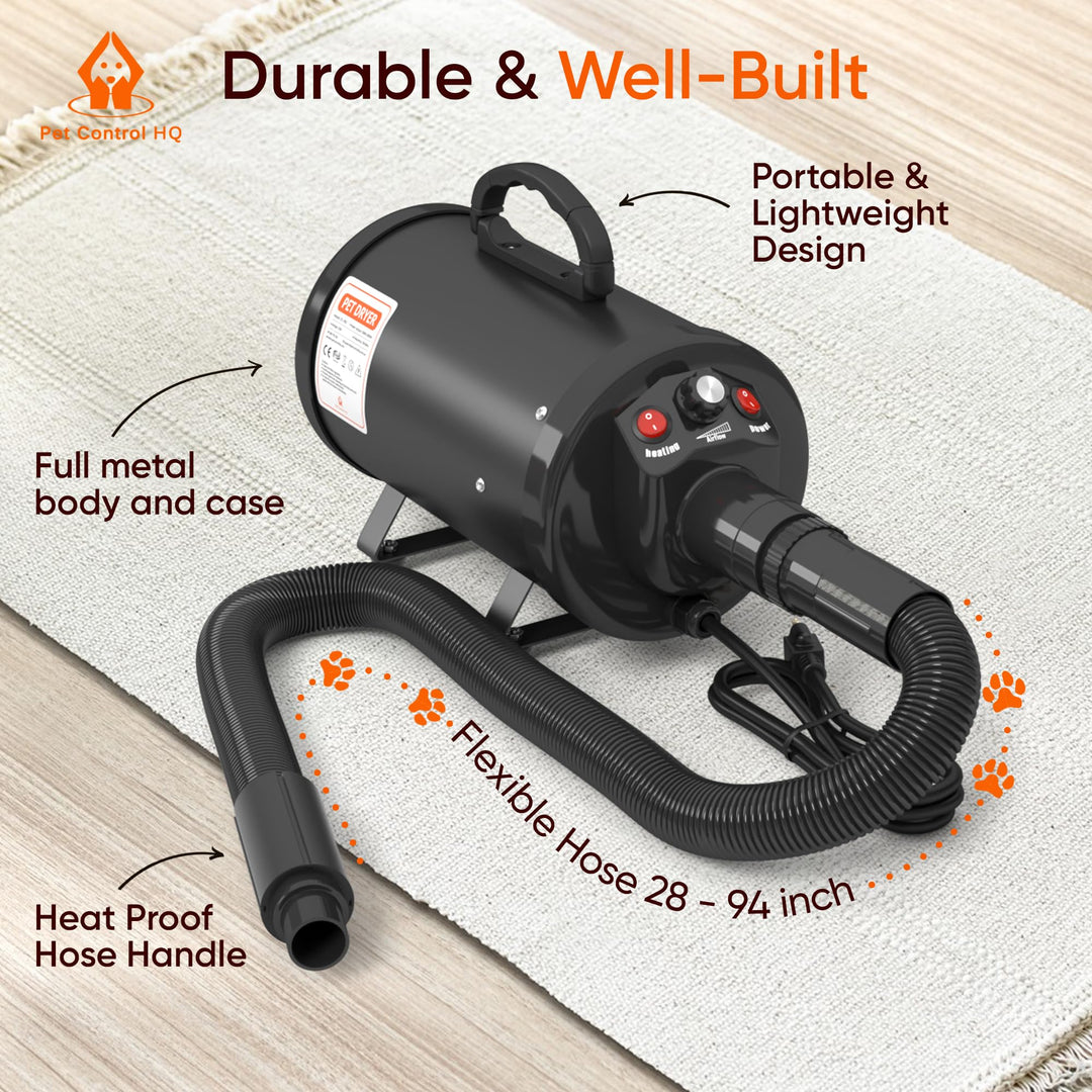 High-Velocity Dog Dryer for Grooming - Quiet Pet Hair Blow Dryer with Heater, 4 Nozzles & Adjustable Speed - Professional Dog Blower for Large Dogs, Thick Coats & Deshedding