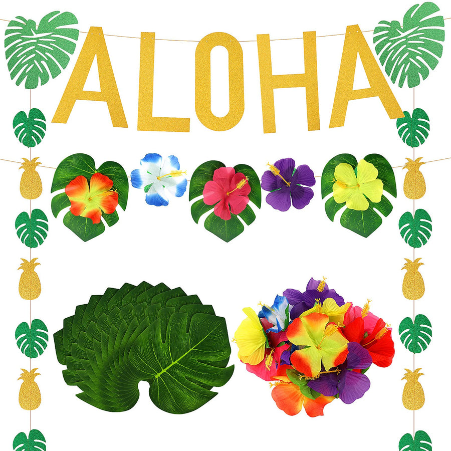 Hawaiian Tropical Luau Theme Party Decoration Including Aloha Banner Pineapple Palm Leaves Garland 12 Pieces Tropical Palm Leaves and 12 Pieces Hibiscus Luau Flower for Pool Party Decorations