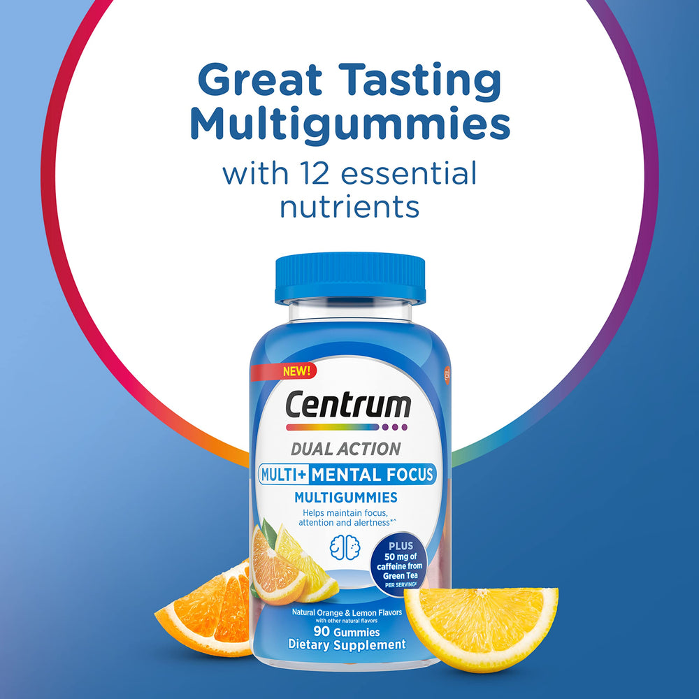 MultiGummies Multi+ Dual Action Mental Focus Adult Multivitamin with Caffeine from Green Tea, Supports Mental Focus, Attention and Alertness, Lemon/Orange Flavors - 90 Count