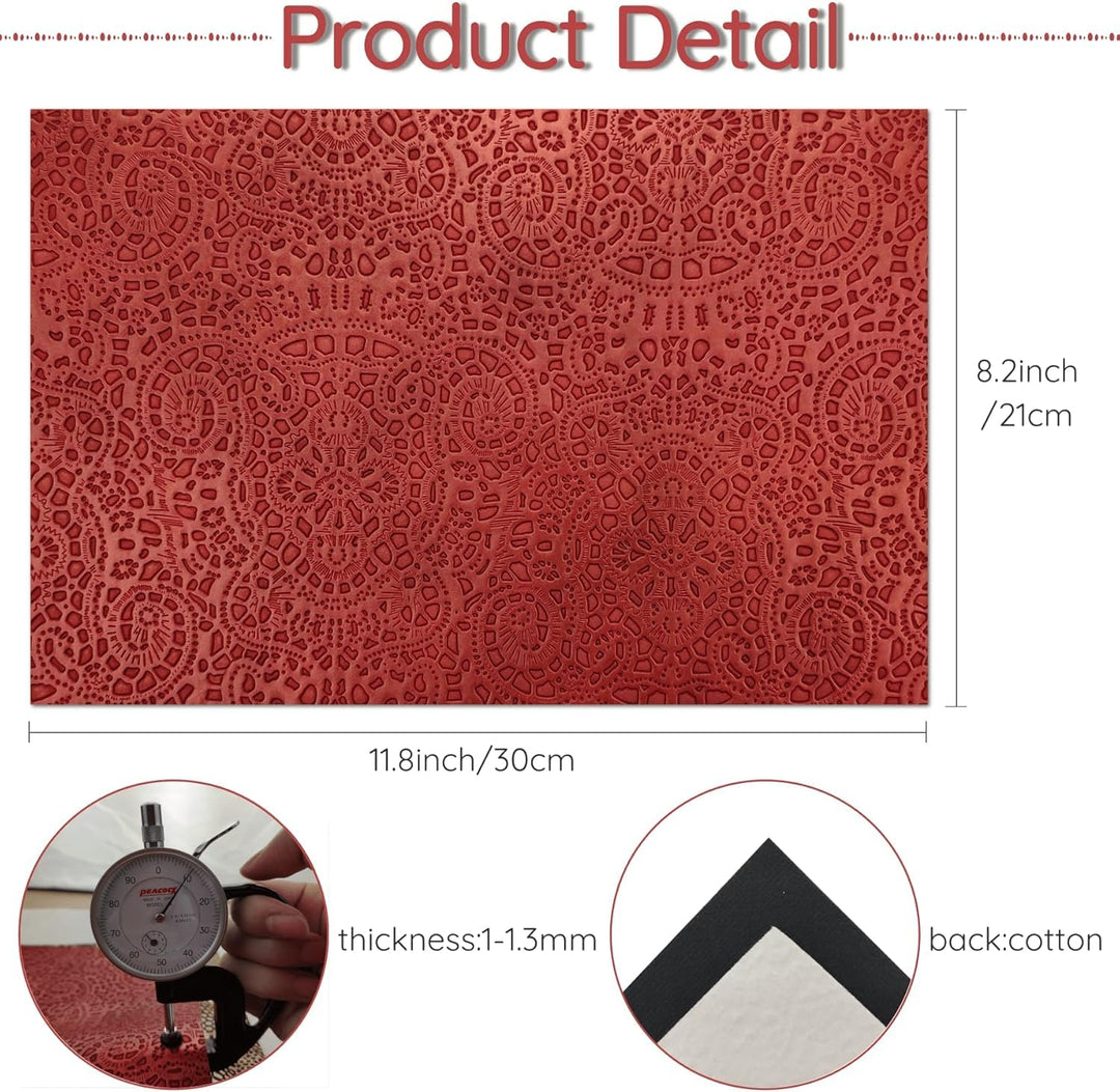 7 Pcs Embossed Faux Leather Sheets for Earrings Purses Making, 8.2 X 11.8 with Flower Leaf Embossed Textured Synthetic Fabric Sheets for DIY Bows Wallet Sewing Crafts (Red Mechanical)