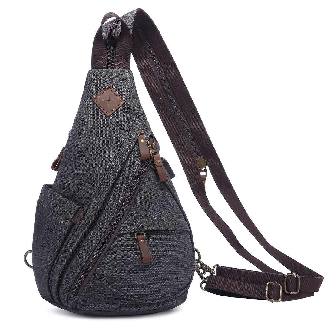 Sling Bag Canvas Crossbody Backpack Genuine Leather Shoulder Bag Casual Daypacks For Men Cycling Hiking Travel