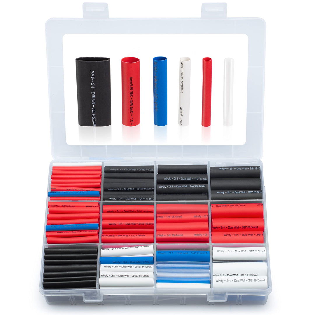 Heat Shrink Tubing Kit - 3:1 Ratio Adhesive Lined, 1.75 Length, Wire Shrink Wrap Tubing - Automotive Industrial Heat-Shrink Tubing - Black, Red, White, Clear, Blue - 275 PCS