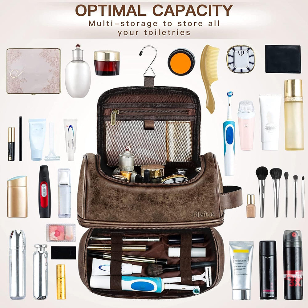 Toiletry Bag, Mens Leather Travel Organizer Kit with hanging hook, Large Water-resistant Toiletries Bathroom Shaving Bags for Women (Coffee)