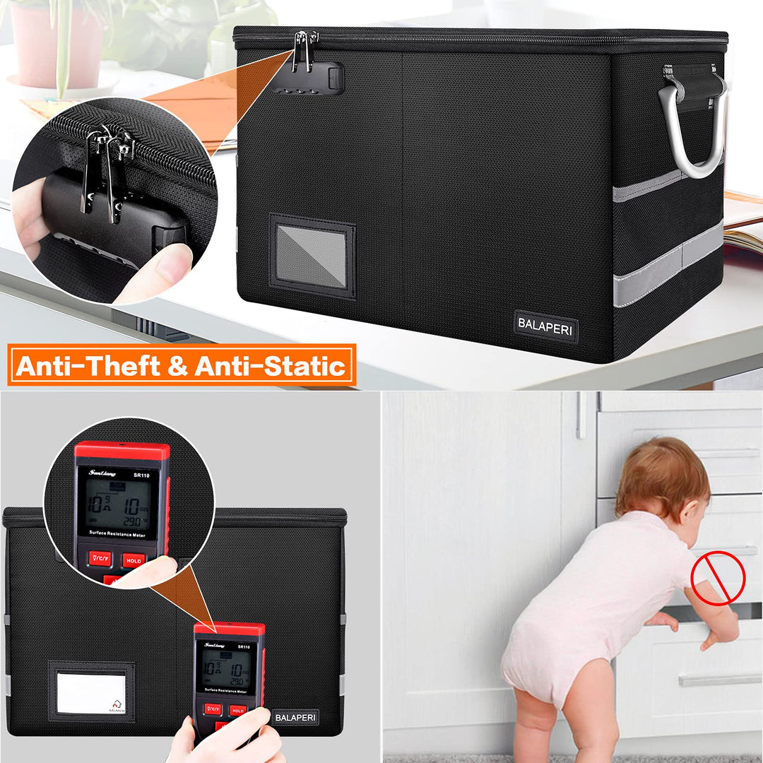 Fireproof File Box with Lock, Collapsible File Storage Box for Hanging Letter/Legal File Folder, Portable Document Storage Filing Box with Handle, File Folder Box for Home Office Travel