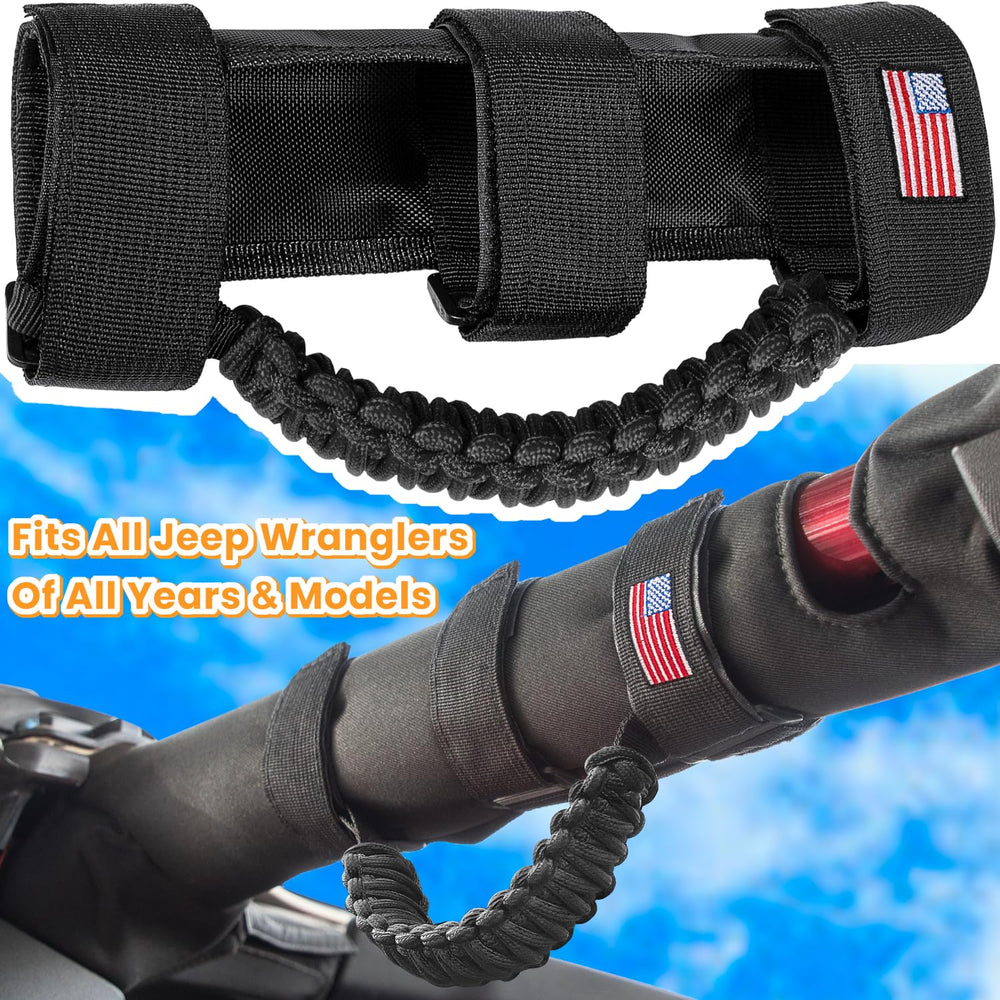 4 x Roll Bar Grab Handles Grip Handle for Jeep Wrangler JK JKU JL JLU TJ YJ Sport Sahara Freedom Rubicon Unlimited Gladiator JT 1955-2023 UTV ATV Premium Paracord Interior Accessories US Flag (Black)