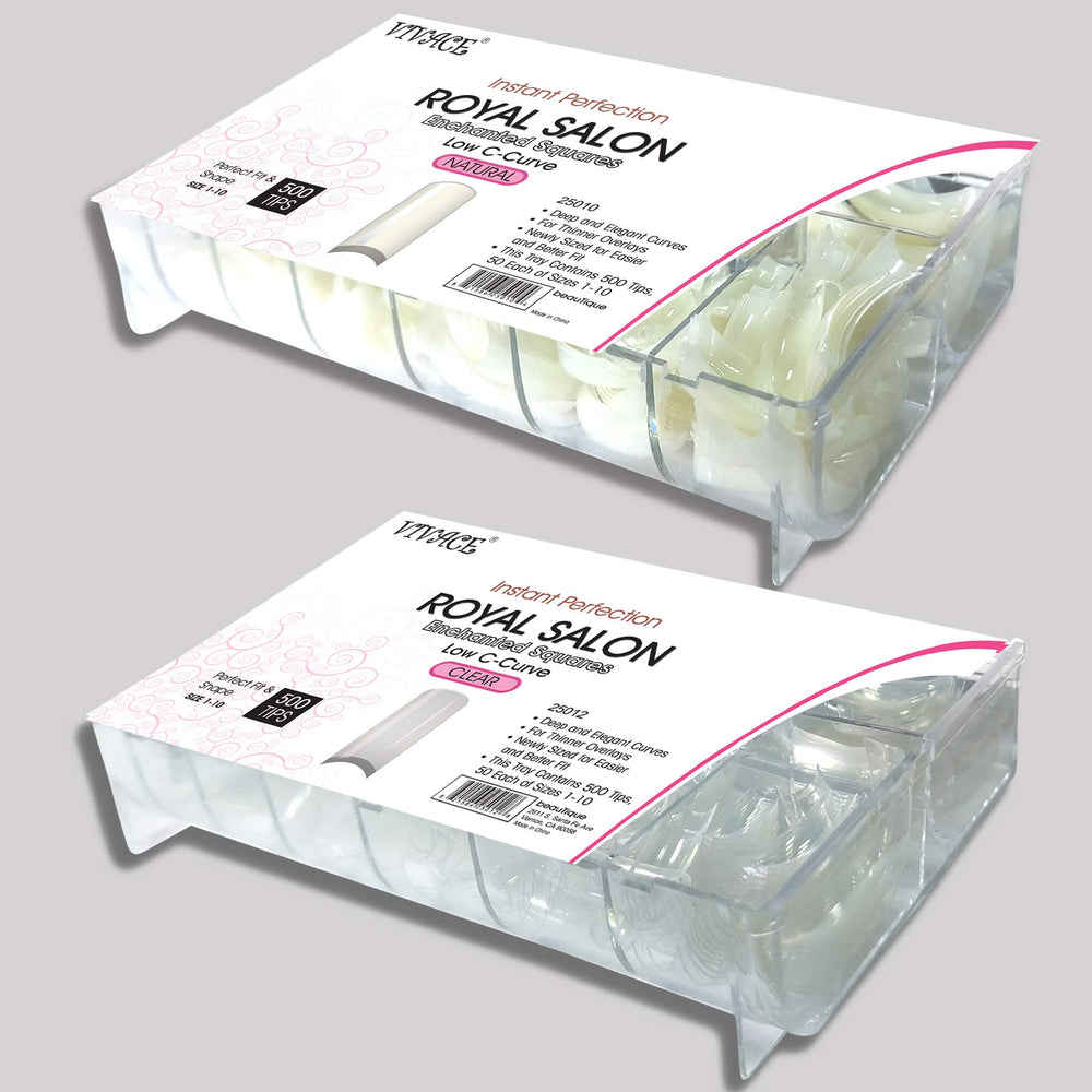 2PACK Natural/Clear Royal Salon 500 Acrylic False Fake Gel Nail Tips (Total 1000Tips) 10Sizes With Clear Acrylic Case For Nail Salon Nail Shop (Royal Salon)