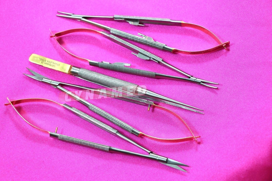 German Stainless Set of 5 Castroviejo Micro Scissors Needle Holder Straight and Curved and Micro Forceps Dental Eye Instruments