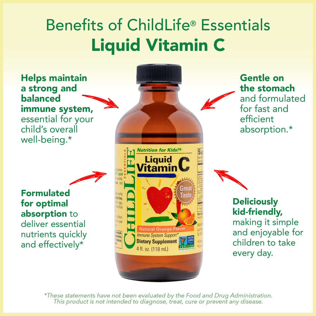 Liquid Vitamin C - Pure Vitamin C Liquid, Vitamin C for Kids, Liquid Supplement, Immune System Support, Great Taste - Natural Orange, 4 Fl Oz (Pack of 2)
