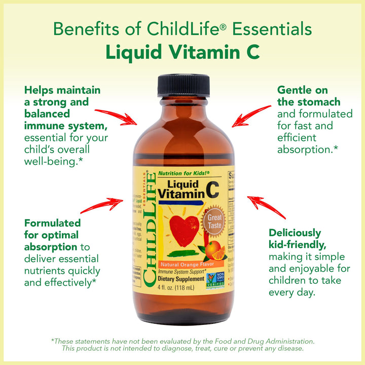 Liquid Vitamin C - Pure Vitamin C Liquid, Vitamin C for Kids, Liquid Supplement, Immune System Support, Great Taste - Natural Orange, 4 Fl Oz (Pack of 2)