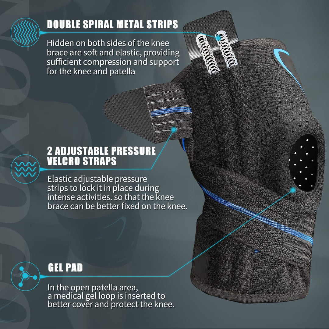 Upgrade Knee Brace with Adjustable Elastic bands and Side Steel Bar Stabilizers and Gel Pads for Maximum Knee Support and Compression for Knee Stability for Patella Pain Relief Meniscus Injuries Recovery for Men & Women