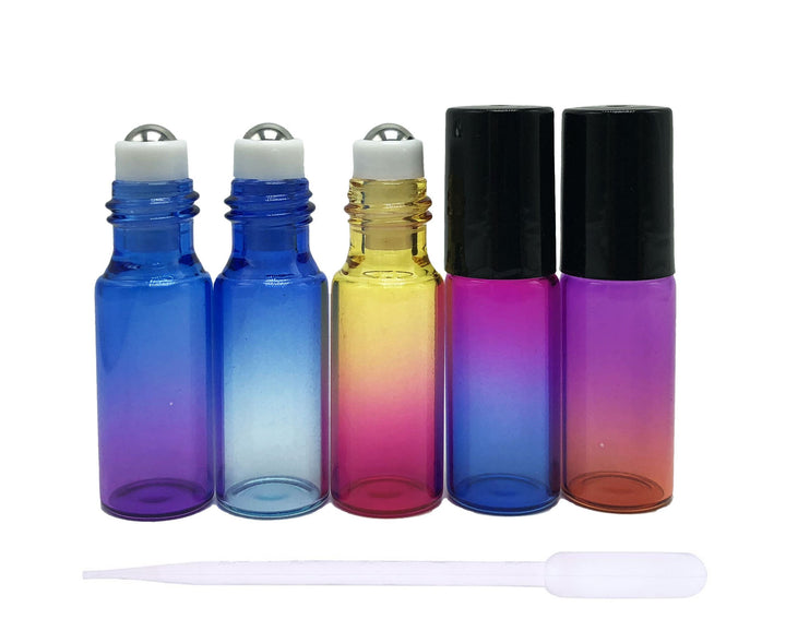 12 Pcs 5 ml Rainbow Color Glass Roller Bottles Roll-on Bottles Vial Container with Stainless Steel Roller Balls and Black Cap for Essential Oil Perfumes Liquid Aromatherapy+1pc 3 ml Dropper Included