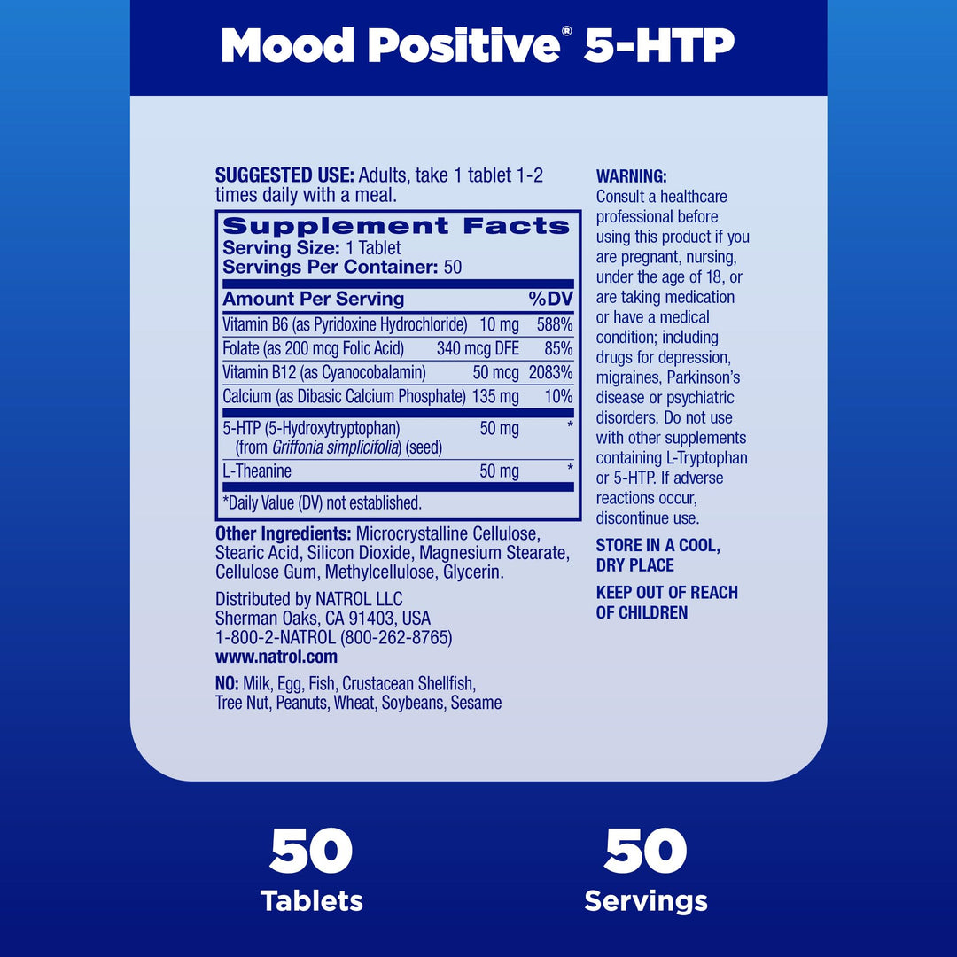 Mood Positive 5-HTP 50mg With L-Theanine, Vitamin B6, Vitamin B12 and Folate, Dietary Supplement Helps Support a Positive Mood, 50 Tablets, 25-50 Day Supply