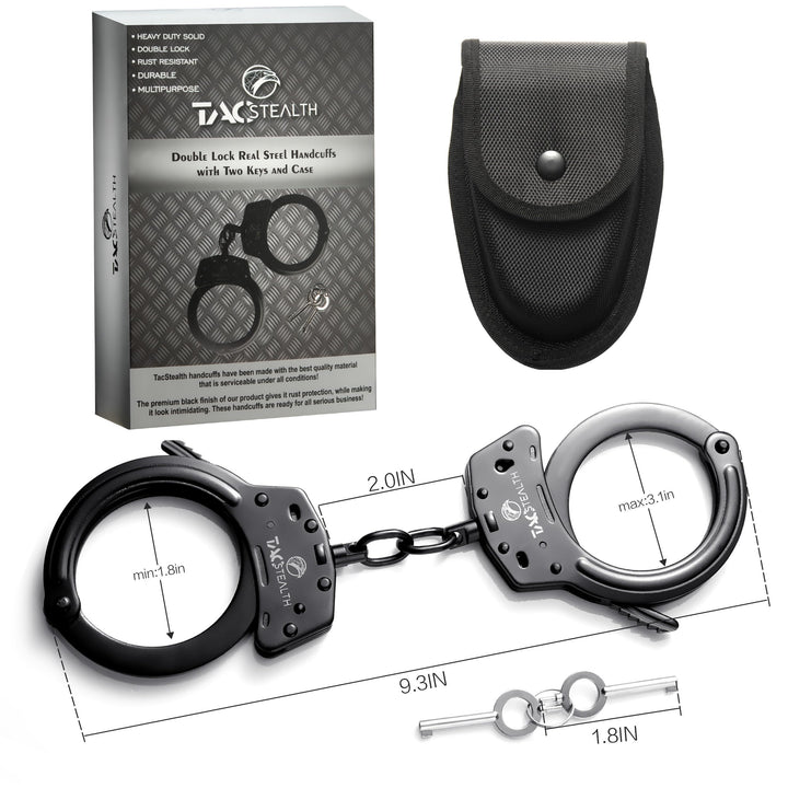 Steel Handcuffs with Two Keys & Handcuffs Case | Heavy Duty Black Steal Professional Grade | Bend/Break Free Secure Handcuffs