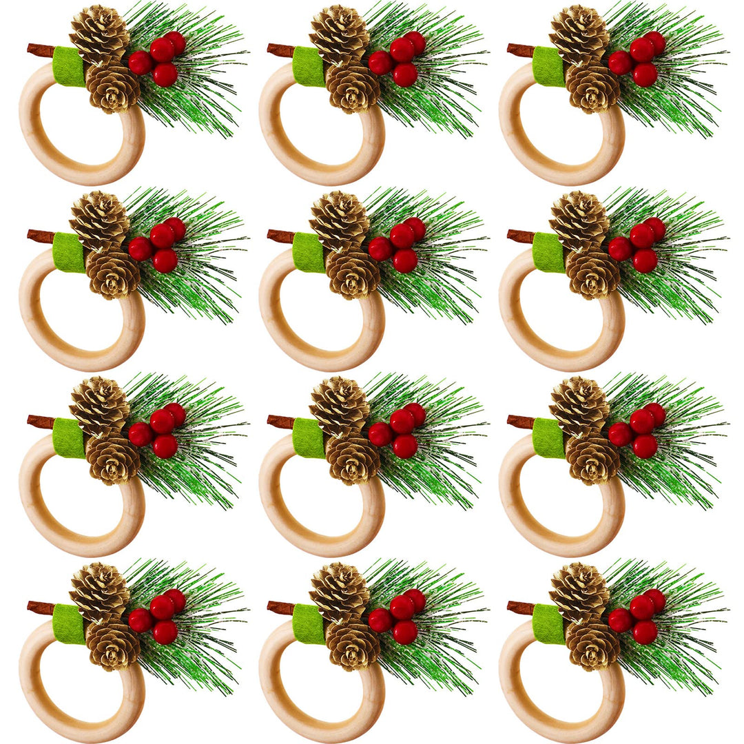 12 Pieces Christmas Napkin Rings Holder Pine Cones Poinsettia Pumpkin Wooden Napkin Rings Decor for Christmas Thanksgiving Birthday Party Supplies (Rustic Style)