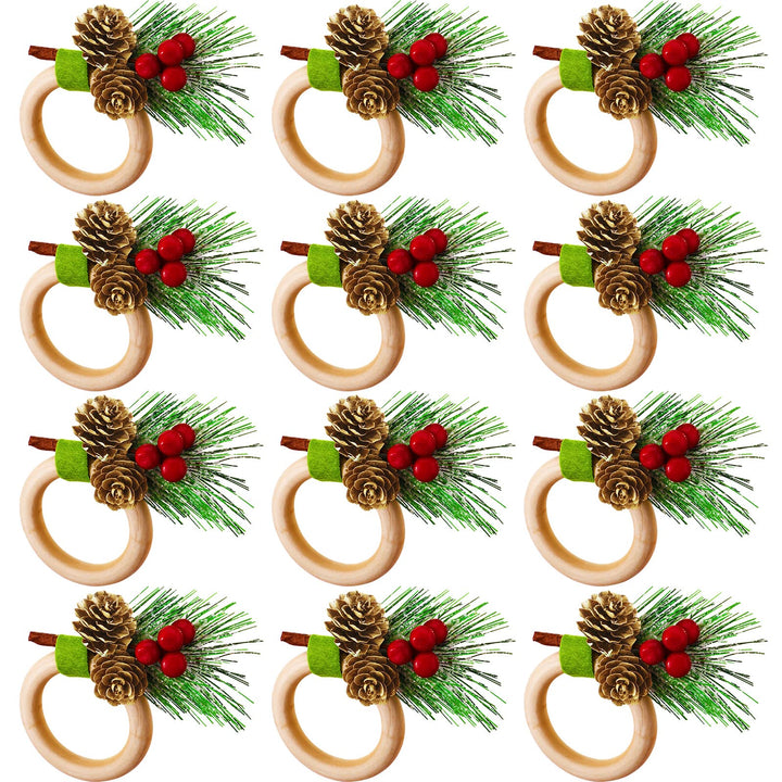 12 Pieces Christmas Napkin Rings Holder Pine Cones Poinsettia Pumpkin Wooden Napkin Rings Decor for Christmas Thanksgiving Birthday Party Supplies (Rustic Style)