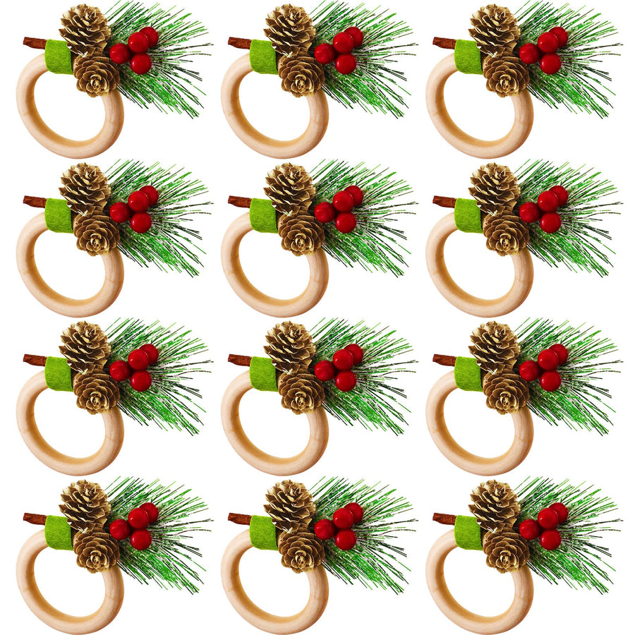 12 Pieces Christmas Napkin Rings Holder Pine Cones Poinsettia Pumpkin Wooden Napkin Rings Decor for Christmas Thanksgiving Birthday Party Supplies (Rustic Style)