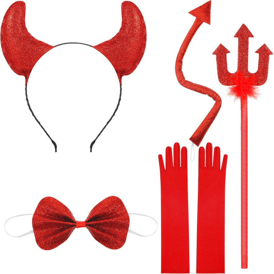 Devil Costume Accessories, Devil Horn Headband, Bow Tie, Tail, Devil Fork and Long Gloves for Halloween Carnival Costume(Black)