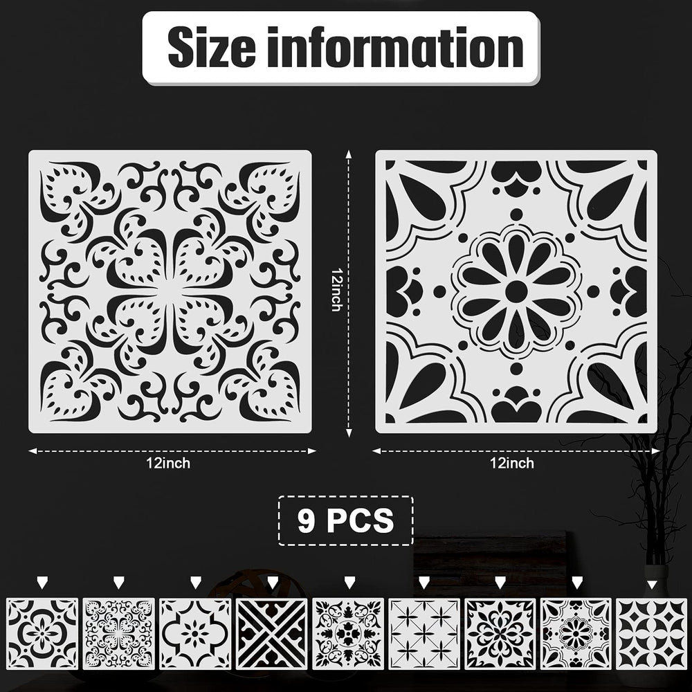 9 Pieces Floor Stencils Wall Stencils for Painting, Large Tile Stencils for Painting Walls Concrete Floor Stencils Drawing Pattern Templates Kit in 9 Styles (Simple Style,12 x 12 Inch)