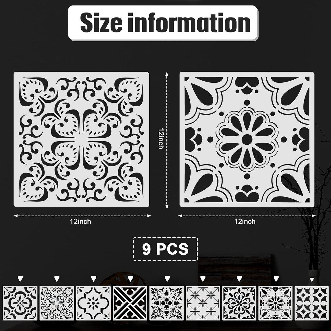 9 Pieces Floor Stencils Wall Stencils for Painting, Large Tile Stencils for Painting Walls Concrete Floor Stencils Drawing Pattern Templates Kit in 9 Styles (Simple Style,12 x 12 Inch)