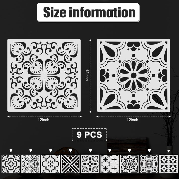 9 Pieces Floor Stencils Wall Stencils for Painting, Large Tile Stencils for Painting Walls Concrete Floor Stencils Drawing Pattern Templates Kit in 9 Styles (Simple Style,12 x 12 Inch)