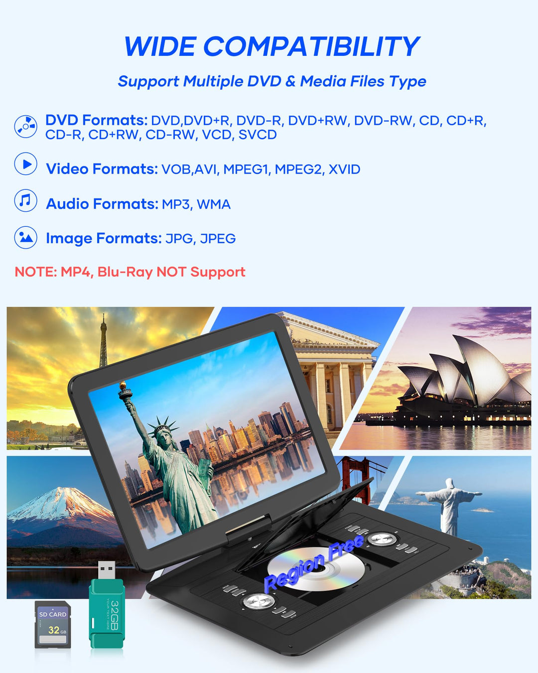 17.9 Portable DVD/CD Player with 15.4 Large Swivel HD Screen, 6 Hours 5000mAH Rechargeable Battery, Support USB/SD Card/Sync TV, Regions F r e e, Car Charger, Remote Control for Kids, Blue