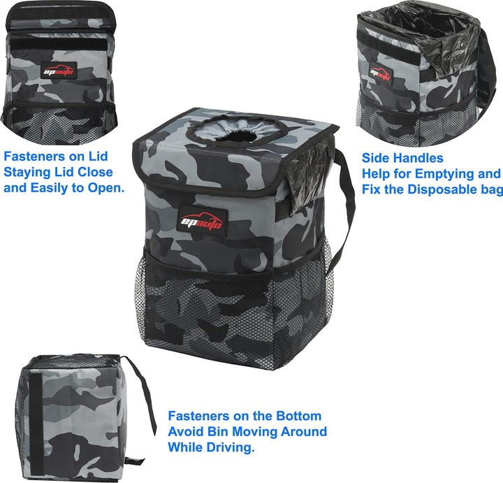 Waterproof Car Trash Can with Lid and Storage Pockets, Camouflage Grey