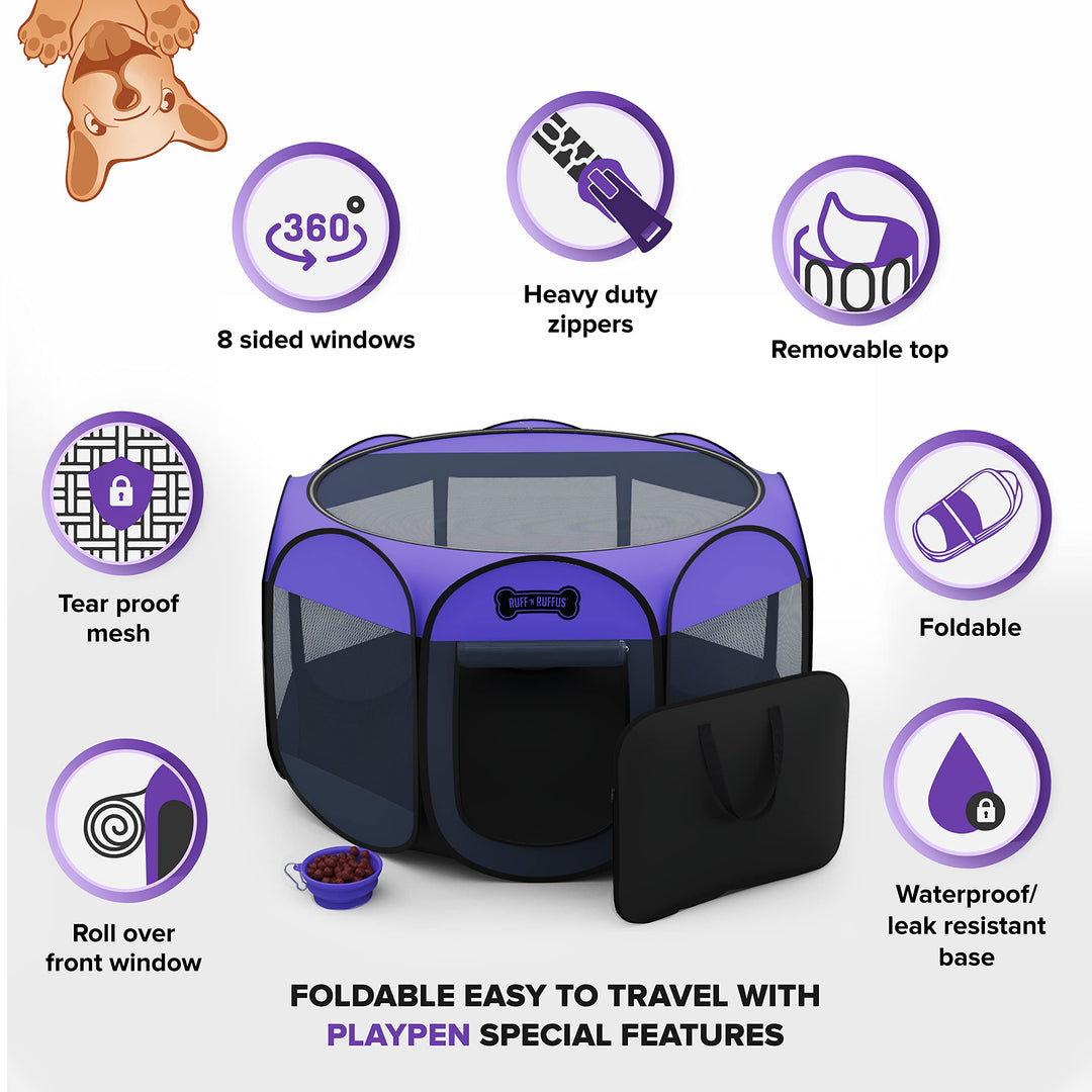 Ruff 'N Ruffus Portable Foldable Pet Playpen + Carrying Case & Collapsible Travel Bowl | Indoor/Outdoor use | Water Resistant | Removable Shade Cover (Extra Large (48 x 48 x 23.5) Free Bonus)