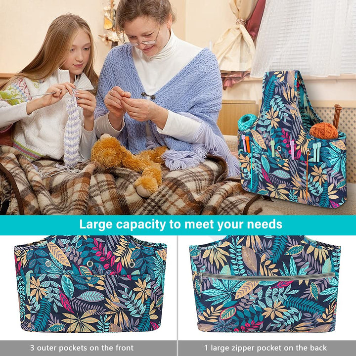 Knitting Tote Bag Large Capacity, Yarn Storage Organizer Knitting Bag Tangle Free Design with Drawstring Closure, Portable Crochet Bag for Yarn, Knitting Needles, Crochet Supplies, Floral