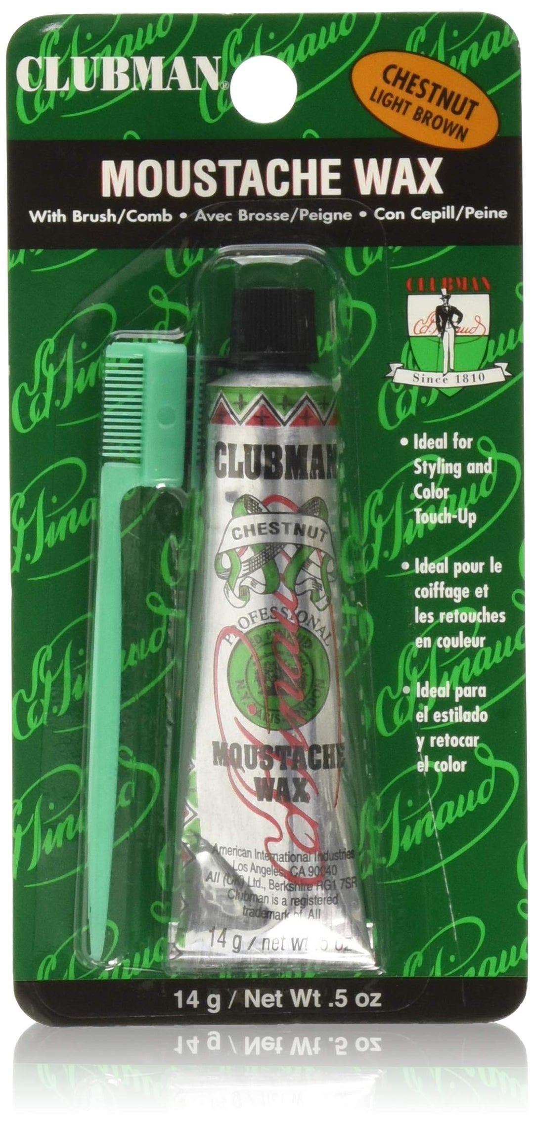 Clubman Pinaud Moustache Wax with Free Brush/Comb Applicator, Chestnut, 0.5 Ounce by Pinaud Clubman