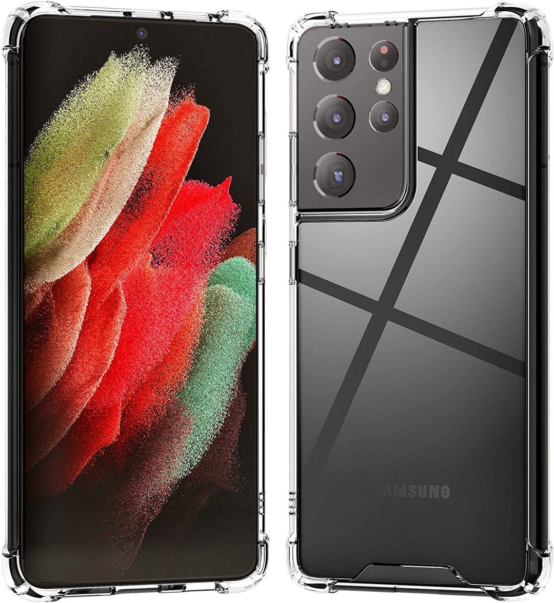 Clear Case for Samsung Galaxy S21 Ultra 5G Hybrid Design Shockproof Bumper Protective Cell Phone Back Cover Hard PC Back + Flexible TPU Raised Bezel with Airbags Corners
