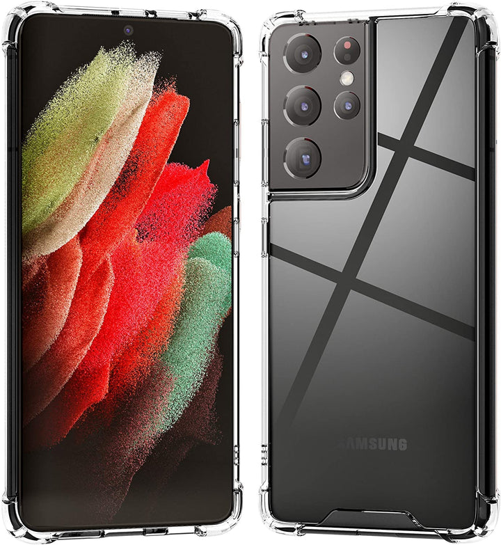 Clear Case for Samsung Galaxy S21 Ultra 5G Hybrid Design Shockproof Bumper Protective Cell Phone Back Cover Hard PC Back + Flexible TPU Raised Bezel with Airbags Corners