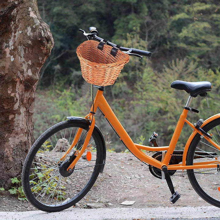Handlebar Bike Basket, Wicker Kids Bicycle Basket, Bike Accessory with Leather Straps, Hand-Woven Small Beach Cruiser Bike Basket for Girls Kids Small Cat Dog Basket, Knee Scooter Basket