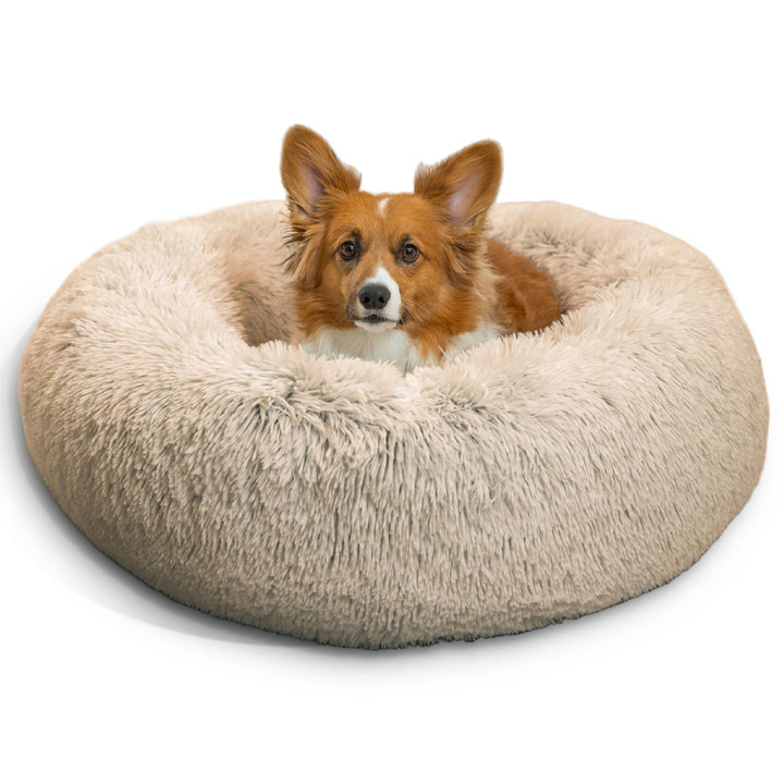 The Original Calming Donut Dog and Cat Bed in Shag Fur, Taupe, Medium, 30x30